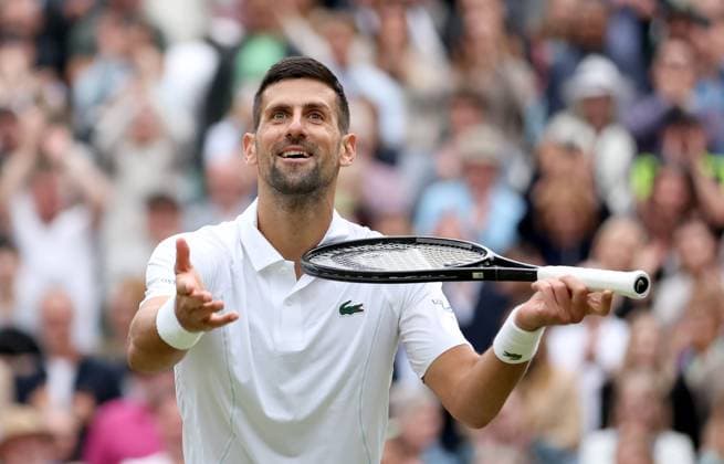 (240713) -- LONDON, July 13, 2024 -- Novak Djokovic celebrates after the men s singles simifinal match between Novak Djokovic of Serbia and Lorenzo Musetti of Italy at Wimbledon tennis Championship in London, Britain, on July 12, 2024. ) (SP)BRITAIN-LONDON-TENNIS-WIMBLEDON-MEN S SINGLES-SEMIFINALS LixYing 