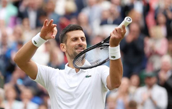(240713) -- LONDON, July 13, 2024 -- Novak Djokovic celebrates after the men s singles simifinal match between Novak Djokovic of Serbia and Lorenzo Musetti of Italy at Wimbledon tennis Championship in London, Britain, on July 12, 2024. ) (SP)BRITAIN-LONDON-TENNIS-WIMBLEDON-MEN S SINGLES-SEMIFINALS LixYing 