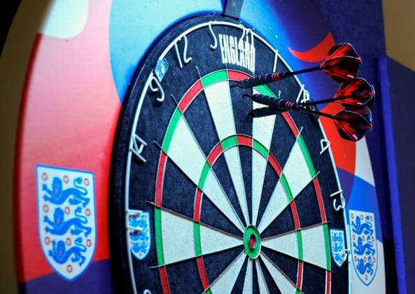 Declan Rice of England wins his darts match against the Media England press conference, PK, Pressekonferenz UEFA European Championship, EM, Europameisterschaft 2024, Final, Football, Spa & Golf Resort Weimarer Land, Blankenhain, Germany, 12 Jul 2024 EDITORIAL USE ONLY No use with unauthorised audio, video, data, fixture lists, club league logos or live services. Online in-match use limited to 120 images, no video emulation. No use in betting, games or single club league player publications. Copyright: xDavexShopland Shutterstockx 14583689bi