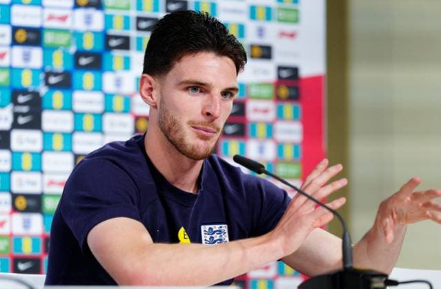 Declan Rice of England press conference, PK, Pressekonferenz England Press Conference, UEFA European Championship, EM, Europameisterschaft 2024, Final, Football, Spa & Golf Resort Weimarer Land, Blankenhain, Germany, 12 Jul 2024 EDITORIAL USE ONLY No use with unauthorised audio, video, data, fixture lists, club league logos or live services. Online in-match use limited to 120 images, no video emulation. No use in betting, games or single club league player publications. Copyright: xDavexShopland Shutterstockx 14583689bl