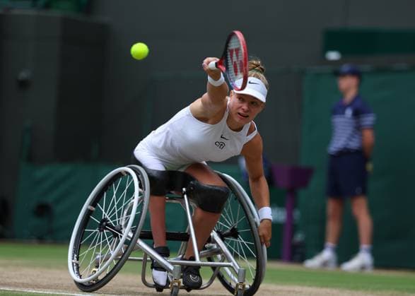 13th July 2024; All England Lawn Tennis and Croquet Club, London, England; Wimbledon Tennis Tournament, Day 13; Diede De Groot (NED) from the baseline against Aniek Van Koot (NED), in the Ladies Wheelchair Singles Final on Court One  ActionPlus12667321 JohnxPatrickxFletcher