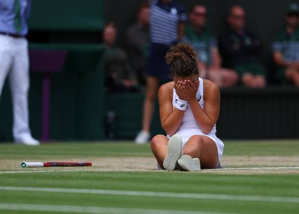 13th July 2024; All England Lawn Tennis and Croquet Club, London, England; Wimbledon Tennis Tournament, Day 13; Jasmine Paolini (ITA) falls to the court after her overhead shot goes wide at the net against Barbora Krejcikova (CZE), Ladies Singles Final  ActionPlus12667436 JohnxPatrickxFletcher