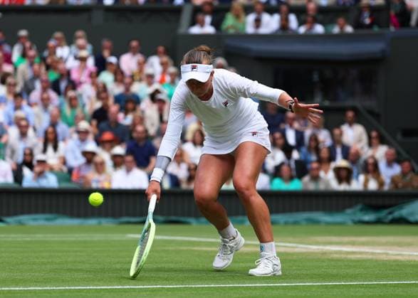 13th July 2024; All England Lawn Tennis and Croquet Club, London, England; Wimbledon Tennis Tournament, Day 13; Barbora Krejcikova (CZE) vollies against Jasmine Paolini (ITA), Ladies Singles Final  ActionPlus12667448 JohnxPatrickxFletcher