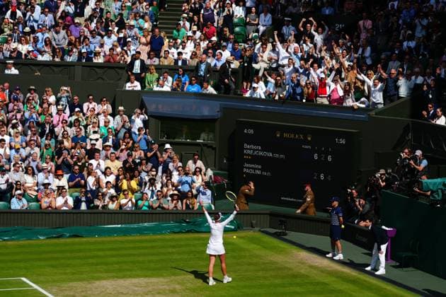 Barbora Krejcikova celebrates victory in the Ladies Singles Final Wimbledon Tennis Championships, Day 13, The All England Lawn Tennis and Croquet Club, London, UK - 13 Jul 2024  Copyright: xJavierxGarcia Shutterstockx 14584798bx