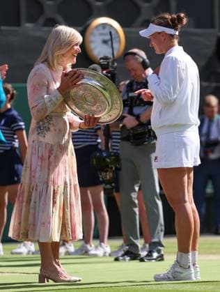 Barbora Krejcikova is ahnded the Venus Rosewater Dish by Deborah Jevans after victory in the Ladies Singles Final Wimbledon Tennis Championships, Day 13, The All England Lawn Tennis and Croquet Club, London, UK - 13 Jul 2024  Copyright: xEllaxLing Shutterstockx 14584811bo