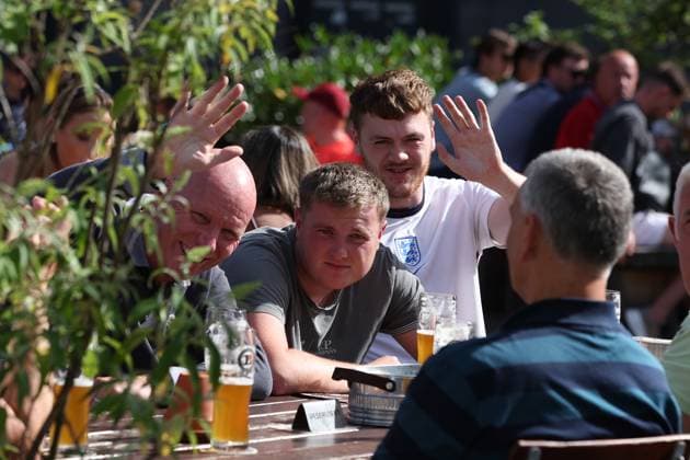 Berlin, Germany. 13th July 2024. England fans enjoying the atmosphere prior to the final taking place in Berlin, Germany. Picture date: 13th July 2024. Picture Paul Terry Sportimage EDITORIAL USE ONLY. No use with unauthorised audio, video, data, fixture lists, club league logos or live services. Online in-match use limited to 120 images, no video emulation. No use in betting, games or single club league player publications. SPI-3231-0016