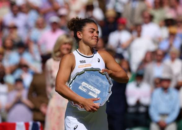13th July 2024; All England Lawn Tennis and Croquet Club, London, England; Wimbledon Tennis Tournament, Day 13; Jasmine Paolini (ITA) with the runners up plate trophy after losing to Barbora Krejcikova (CZE) by two sets to one, Ladies Singles Final  ActionPlus12667495 JohnxPatrickxFletcher