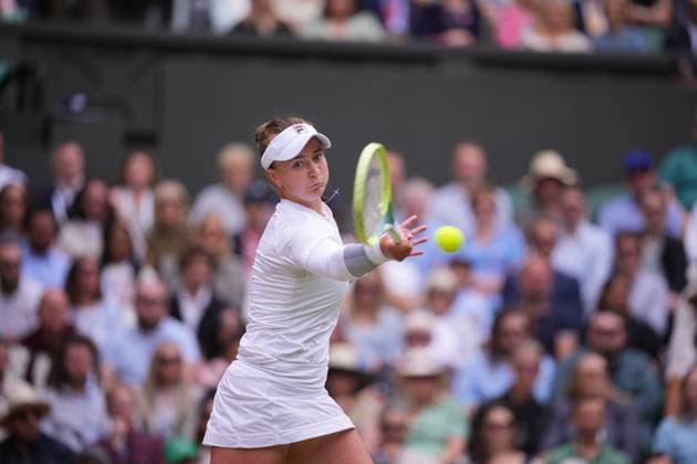 LONDON, ENGLAND - JULY 13: Barbora Krejcikova of Czechia plays a forehand against Jasmine Paolini of Italy during her Ladies Singles Final match during day thirteen of The Championships Wimbledon 2024 at All England Lawn Tennis and Croquet Club on July 13, 2024 in London, England.  Copyright: xHiroshixSatox