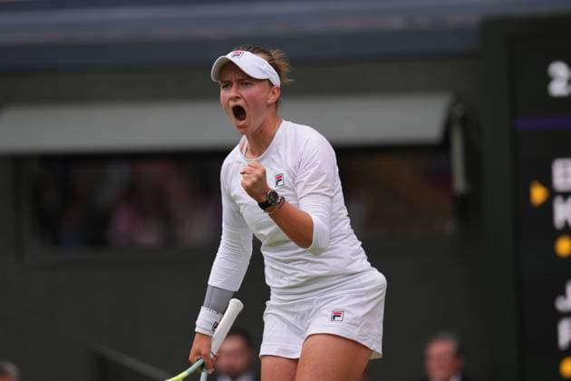 LONDON, ENGLAND - JULY 13: Barbora Krejcikova of Czechia celebrates winning a point against Jasmine Paolini of Italy during her Ladies Singles Final match during day thirteen of The Championships Wimbledon 2024 at All England Lawn Tennis and Croquet Club on July 13, 2024 in London, England.  Copyright: xHiroshixSatox
