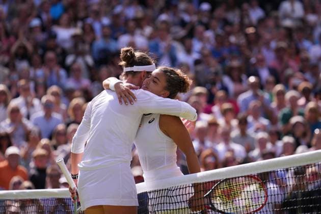 Czech Republic s Barbora Krejcikova celebrates after winning against Italy s Jasmine Paolini during their women s singles final tennis match on the thirteenth day of the 2024 Wimbledon Championships at The All England Lawn Tennis and Croquet Club in Wimbledon, southwest London, on July 13, 2024. Krejcikova won the match 6-2, 2-6, 6-4.  Copyright: xHiroshixSatox
