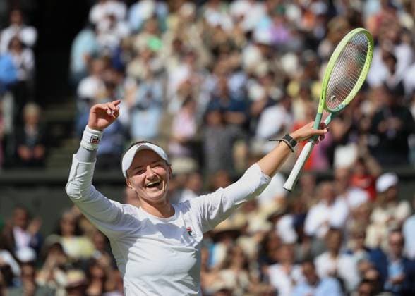 Barbora Krejcikova CZE celebrates after her victory Matchpoint Tennis Wimbledon 2024 Grand Slam ITF ATP WTA AELTC London Great Britain 13 July 2024 Copyright: xJuergenxHasenkopfx