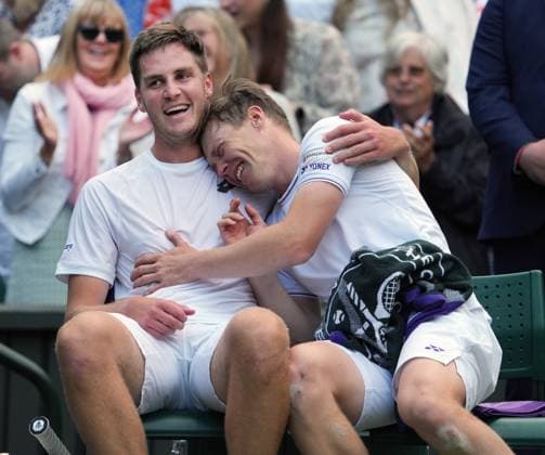 Lawn Tennis - 2024 Wimbledon Championship Mens Doubles Final - Max Purcell and Jordan Thompson (AUS) v Harri Heliovaara (FIN) and Henry Patten (GBR) All England Lawn Tennis & Croquet Club - Saturday 13th July 2024 Harri Heliovaara (FIN) cries on Henry Patten™ s shoulder after winning the match 