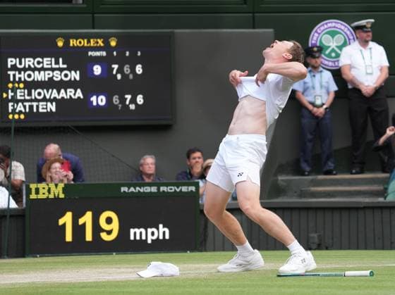 Lawn Tennis - 2024 Wimbledon Championship Mens Doubles Final - Max Purcell and Jordan Thompson (AUS) v Harri Heliovaara (FIN) and Henry Patten (GBR) All England Lawn Tennis & Croquet Club - Saturday 13th July 2024 Harri Heliovaara (FIN) celebrates winning match point 