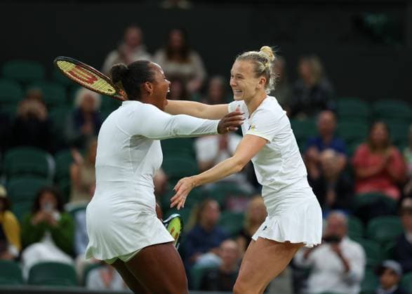 13th July 2024; All England Lawn Tennis and Croquet Club, London, England; Wimbledon Tennis Tournament, Day 13; Taylor Townsend (USA) celebrates with Katerina Siniakova (CZE) after defeating Gabriela Dabrowski (CAN) and Erin Routliffe (NZL), Ladies& x2019;s Doubles Finals  ActionPlus12667673 JohnxPatrickxFletcher