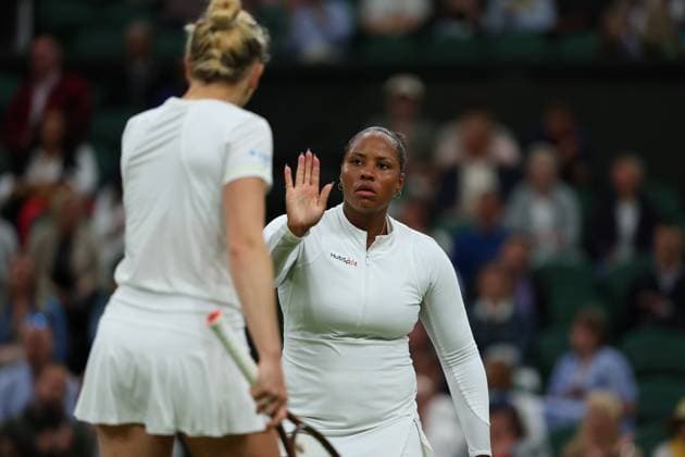 13th July 2024; All England Lawn Tennis and Croquet Club, London, England; Wimbledon Tennis Tournament, Day 13; Taylor Townsend (USA) with doubles partner Katerina Siniakova (CZE) against Gabriela Dabrowski (CAN) and Erin Routliffe (NZL), Ladies& x2019;s Doubles Finals  ActionPlus12667687 JohnxPatrickxFletcher