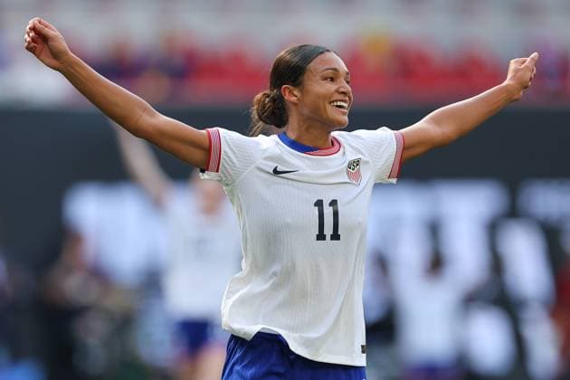 HARRISON, NJ - JULY 13: Sophia Smith 11 of United States celebrates after scoring during the second half of the Impact 99 presented by New York Life soccer game against Mexico on July 13, 2024 at Red Bull Arena in Harrison, New Jersey. (Photo by Rich Graessle Icon Sportswire) SOCCER: JUL 13 Women s USA vs Mexico EDITORIAL USE ONLY Icon2407131785