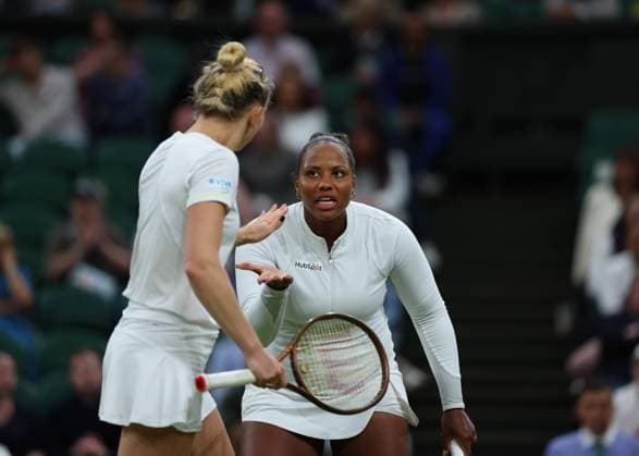 13th July 2024; All England Lawn Tennis and Croquet Club, London, England; Wimbledon Tennis Tournament, Day 13; Taylor Townsend (USA) with doubles partner Katerina Siniakova (CZE) against Gabriela Dabrowski (CAN) and Erin Routliffe (NZL), Ladies& x2019;s Doubles Finals  ActionPlus12667696 JohnxPatrickxFletcher