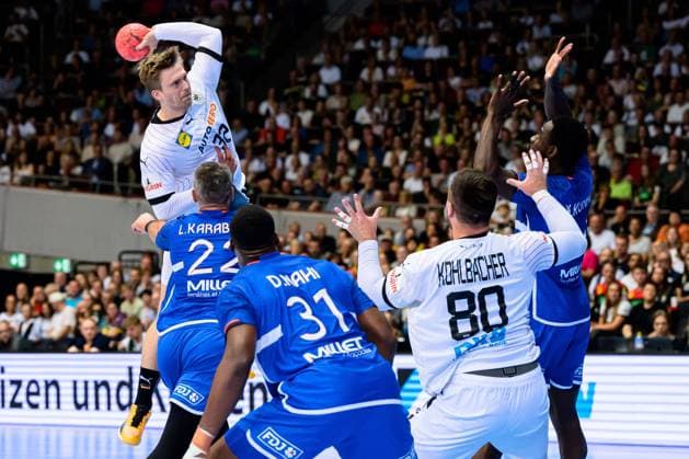 Dortmund, Germany Mens international match Germany France Franz Semper Germany , Luka Karabatic France , Dylan Nahi France , Jannik Kohlbacher Germany Dortmund Westfalenhalle Nordrhein Westfalen Germany