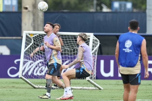 Argentina™s forward Lionel Messi L and forward Alejandro Garnacho take part in a training session ahead the match against Colombia for the Copa America USA 2024 final match, at Florida International University FIU , Miami, on July 13, 2024 MIAMI UNITED STATES Copyright: xALEJANDROxPAGNIx