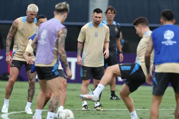 Argentina s forward Lionel Messi takes part in a training session ahead the match against Colombia for the Copa America USA 2024 final match, at Florida International University FIU , Miami, on July 13, 2024 MIAMI UNITED STATES Copyright: xALEJANDROxPAGNIx