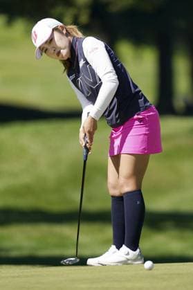 Golf: Evian Championship Ayaka Furue of Japan hits a putt on the first hole during the final round of the Evian championship golf tournament at Evian Resort Golf Club in Evian-les-Bains, France, on July 14, 2024.  A14AA0003134239P