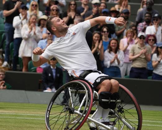 Lawn Tennis - 2024 Wimbledon Championship Mens Wheelchair Singles Final Alfie Hewitt (GBR) v Martin De la Puente (ESP) All England Lawn Tennis & Croquet Club - Sunday 14th July 2024 Alfie Hewitt (GBR) celebrates winning match point 