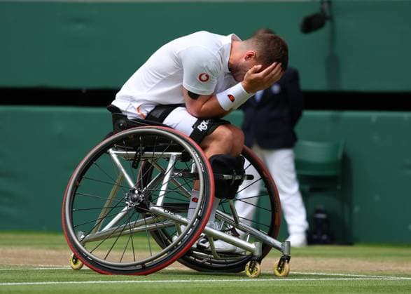 14th July 2024; All England Lawn Tennis and Croquet Club, London, England; Wimbledon Tennis Tournament, Day 14; Alfie Hewett (GBR) emotional after defeating Martin De La Puente (ESP) in straight sets, Gentlemens Wheelchair Singles Final  ActionPlus12667782 JohnxPatrickxFletcher