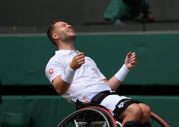 14th July 2024; All England Lawn Tennis and Croquet Club, London, England; Wimbledon Tennis Tournament, Day 14; Alfie Hewett (GBR) celebrates after defeating Martin De La Puente (ESP) in straight sets, Gentlemens Wheelchair Singles Final  ActionPlus12667783 JohnxPatrickxFletcher