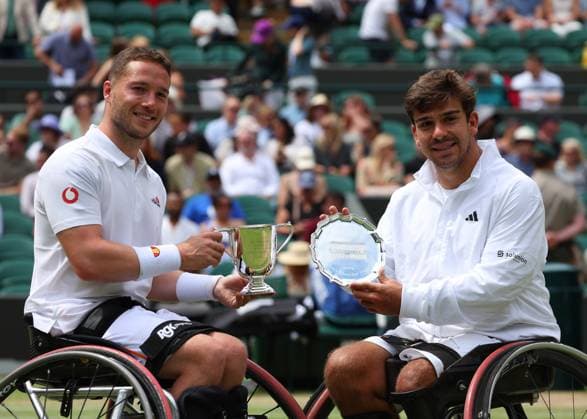 14th July 2024; All England Lawn Tennis and Croquet Club, London, England; Wimbledon Tennis Tournament, Day 14; Alfie Hewett (GBR) poses with the Gentlemens Wheelchair Singles Final alongside runner up Martin De La Puente (ESP)  ActionPlus12667789 JohnxPatrickxFletcher