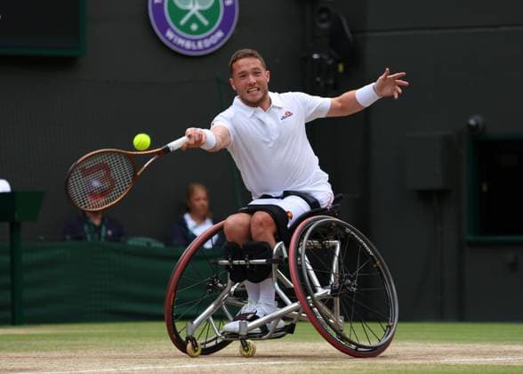 14th July 2024; All England Lawn Tennis and Croquet Club, London, England; Wimbledon Tennis Tournament, Day 14; Alfie Hewett (GBR) from the baseline against Martin De La Puente (ESP), Gentlemens Wheelchair Singles Final  ActionPlus12667796 JohnxPatrickxFletcher
