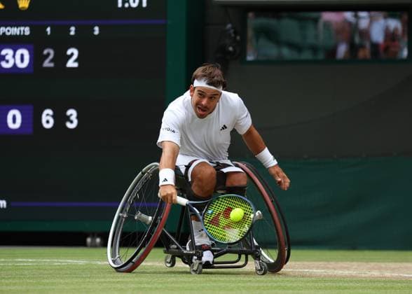 14th July 2024; All England Lawn Tennis and Croquet Club, London, England; Wimbledon Tennis Tournament, Day 14; Martin De La Puente (ESP) from the baseline against Alfie Hewett (GBR), Gentlemens Wheelchair Singles Final  ActionPlus12667800 JohnxPatrickxFletcher