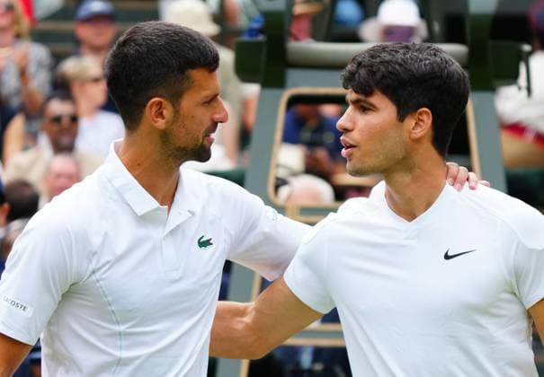 Carlos Alcaraz and Novak Djokovic ahead of the Gentlemen s Singles final Wimbledon Tennis Championships, Day 14, The All England Lawn Tennis and Croquet Club, London, UK - 14 Jul 2024  Copyright: xJavierxGarcia Shutterstockx 14584814ac