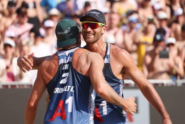 BEACHVOLLEYBALL - Beach Pro Vienna VIENNA,AUSTRIA,14.JUL.24 - Beach volleyball, Beachvolleyball - A1 Beach Pro Vienna. Image shows Marco Grimalt and Esteban Grimalt (CHI).  GEPAxpictures xMathiasxMandl