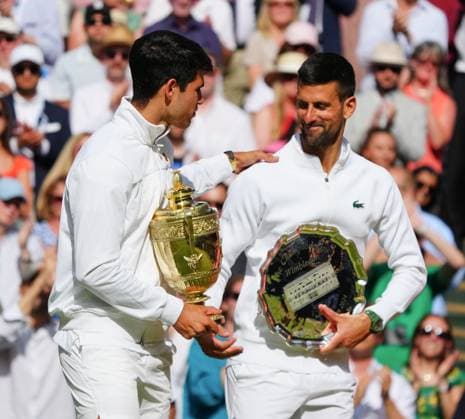 Carlos Alcaraz and Novak Djokovic after the Gentlemen s Singles final Wimbledon Tennis Championships, Day 14, The All England Lawn Tennis and Croquet Club, London, UK - 14 Jul 2024  Copyright: xJavierxGarcia Shutterstockx 14584814fr