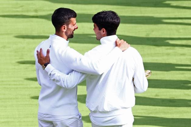 Carlos Alcaraz and Novak Djokovic after the Gentlemen s Singles final Wimbledon Tennis Championships, Day 14, The All England Lawn Tennis and Croquet Club, London, UK - 14 Jul 2024  Copyright: xJamesxMarsh Shutterstockx 14584815di