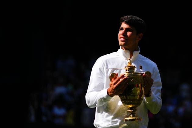 Carlos Alcaraz celebrates victory in the Gentlemen s Singles final Wimbledon Tennis Championships, Day 14, The All England Lawn Tennis and Croquet Club, London, UK - 14 Jul 2024  Copyright: xJavierxGarcia Shutterstockx 14584814hh
