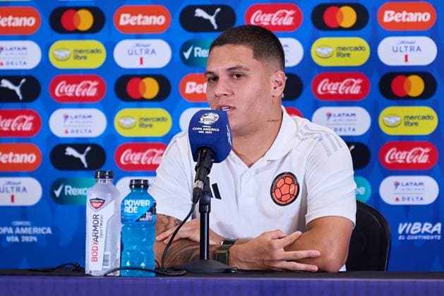 RECORD DATE NOT STATED Copa America USA 2024 Colombia press conference, PK, Pressekonferenz Juan Fernando Quintero of Colombia during press conference ahead of final match against Argentina as part of CONMEBOL Copa America USA 2024 at Hard Rock Stadium on July 13, 2024 in Miami Gardens, United States. MIAMI GARDENS FLORIDA UNITED STATES  Copyright: xJosexLuisxMelgarejox 20240713160119_CA_F_2024_COL_PRESS_QUINTERO3