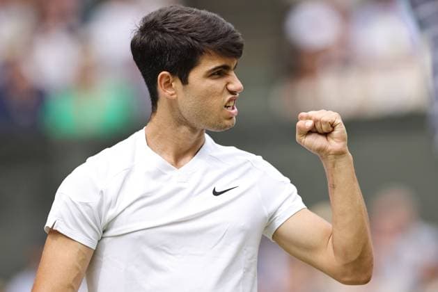 Carlos Alcaraz, ESP, during final of 2024 All England Lawn Tennis Championships at Wimbledon, gentlemens singles, London, 14 07 2024