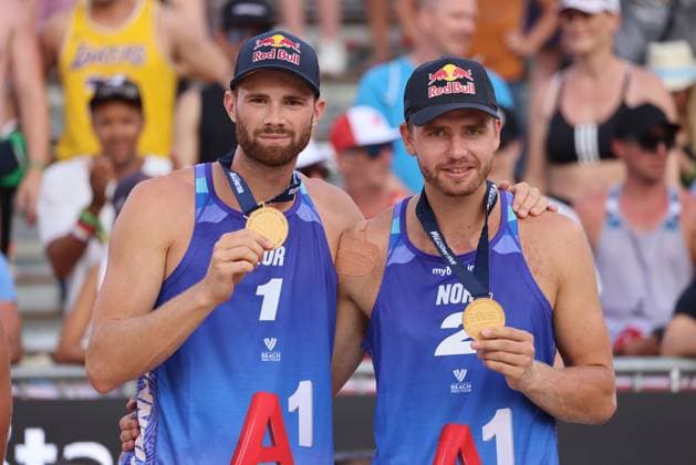 BEACHVOLLEYBALL - Beach Pro Vienna VIENNA,AUSTRIA,14.JUL.24 - Beach volleyball, Beachvolleyball - A1 Beach Pro Vienna. Image shows Anders Berntsen Mol and Christian Sandlie Sorum (NOR). Keywords: medal.  GEPAxpictures xMathiasxMandl