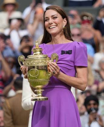Lawn Tennis - 2024 Wimbledon Championship Mens singles final Novak Djokovic (SRB) v Carlos Alcaraz (ESP) All England Lawn Tennis & Croquet Club - Sunday 14th July 2024 Kate, Princess of Wales presents Carlos Alcaraz with his winners trophy 