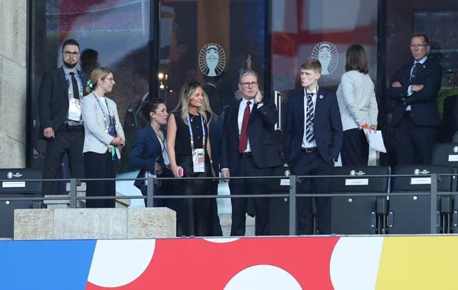 Berlin, Germany, 14th July 2024. British Prime minister Sir Keir Starmer (C) in the stadium prior to the UEFA European Championships final match at Olympiastadion, Berlin. Picture: Paul Terry Sportimage EDITORIAL USE ONLY. No use with unauthorised audio, video, data, fixture lists, club league logos or live services. Online in-match use limited to 120 images, no video emulation. No use in betting, games or single club league player publications. SPI-3227-0034