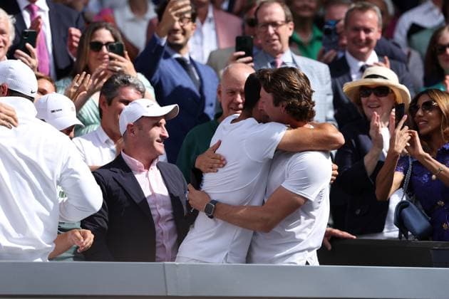 Carlos Alcaraz (Spa) defeated Novak Djokovic (Ser) in the Wimbledon final with his team and Juan Carlos Ferrero TENNIS : Wimbledon 2024 -14 07 2024 AntoineCouvercelle Panoramic 