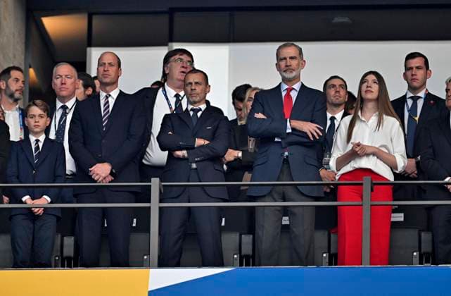 14 07 2024, Football UEFA EURO 2024, Final in Berlin Olympic Stadium, Spain England, on the picture William , Prince of Wales England with son George England and King of Spain Felipe VI Spain