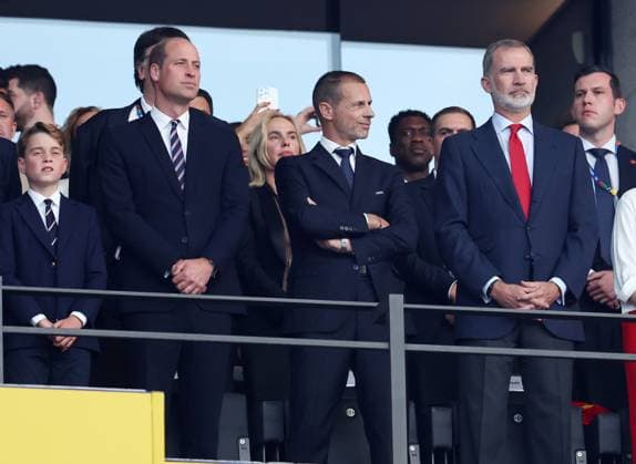 Berlin, Germany, 14th July 2024. King Felipe of Spain (2R), Aleksander Äaeferin president of Uefa and Britains Prince William during the UEFA European Championships final match at Olympiastadion, Berlin. Picture: Paul Terry Sportimage EDITORIAL USE ONLY. No use with unauthorised audio, video, data, fixture lists, club league logos or live services. Online in-match use limited to 120 images, no video emulation. No use in betting, games or single club league player publications. SPI-3227-0061