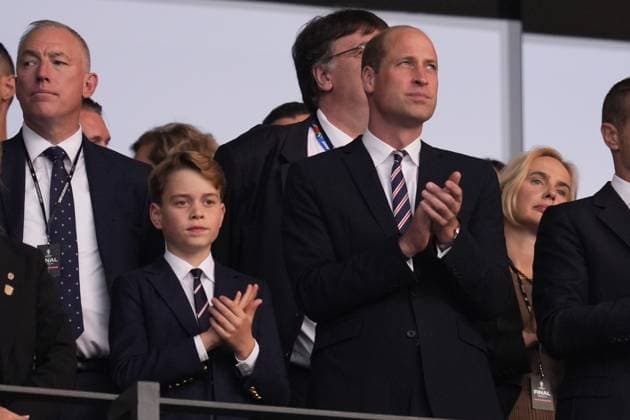 Britain s Prince William and his son Prince George of Wale during a final match between Spain and England at the Euro 2024 soccer tournament in Berlin at Olympiastadium, Germany, Sunday, July 14, 2024 - Soccer .  Copyright: xFabioxFerrari LaPressex