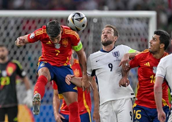 14 07 2024, Football UEFA EURO 2024, Final at Berlin Olympic Stadium, Spain England, from l Alvaro Morata Spain , Harry Kane England and Rodri Spain