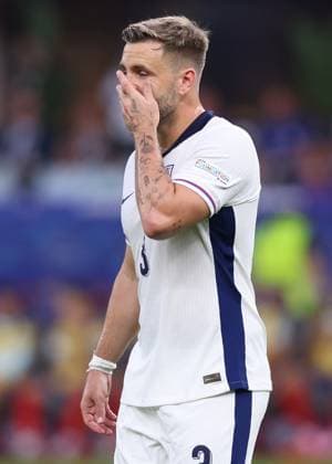 Berlin, Germany, 14th July 2024. Luke Shaw of England reacts to a missed chance during the UEFA European Championships final match at Olympiastadion, Berlin. Picture credit should read: David Klein Sportimage EDITORIAL USE ONLY. No use with unauthorised audio, video, data, fixture lists, club league logos or live services. Online in-match use limited to 120 images, no video emulation. No use in betting, games or single club league player publications. SPI-3228-0071