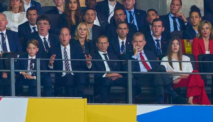 William, Prinz von Wales, Prince of Wales with Felipe VI. König von Spanien Aleksander CEFERIN, UEFA Präsident, in the final match SPAIN - ENGLAND of the UEFA European Championships 2024 on Jul 14, 2024 in Berlin, Germany.