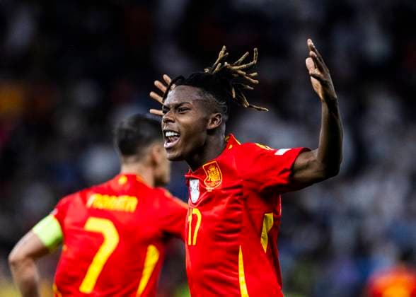 Berlin, Olympiastadion, 14 07 2024 Nico Williams of spain celebrates scoring the 1 0 goal during the final match at the Uefa Euro 2024 Spain vs England