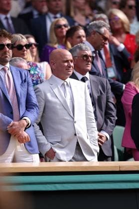 Carlos Alcaraz (Spa) defeated Novak Djokovic (Ser) in the Wimbledon final with Andre Agassi TENNIS : Wimbledon 2024 -14 07 2024 AntoineCouvercelle Panoramic 